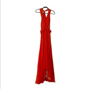 Aryn K coral red chiffon long dress. Flowy and beautiful. Front and back details